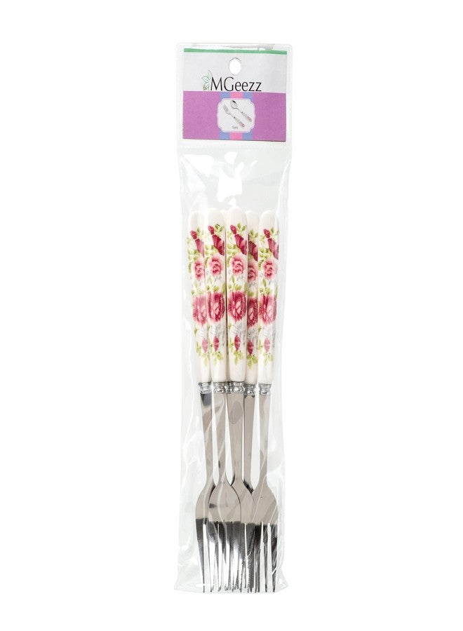 MGeezz Floral Stainless Steel Fork Set for Home Kitchen & Restaurant Cutlery Dinner Table Bouillon Spoon with Ceramic Handle Tableware Noodles Fork for Serving Salad Fruit Fork (Small Fork Set of 12) - Image 5